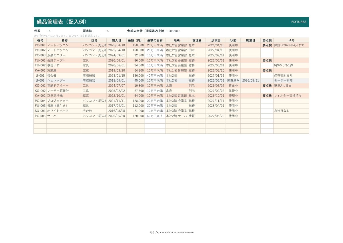 備品管理表 無料テンプレートの記入例（A4横、備品番号・場所・点検日・状態の一覧）