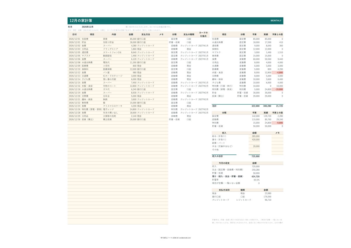 家計簿 無料テンプレート（Excel）の12月の記入例（A4横）