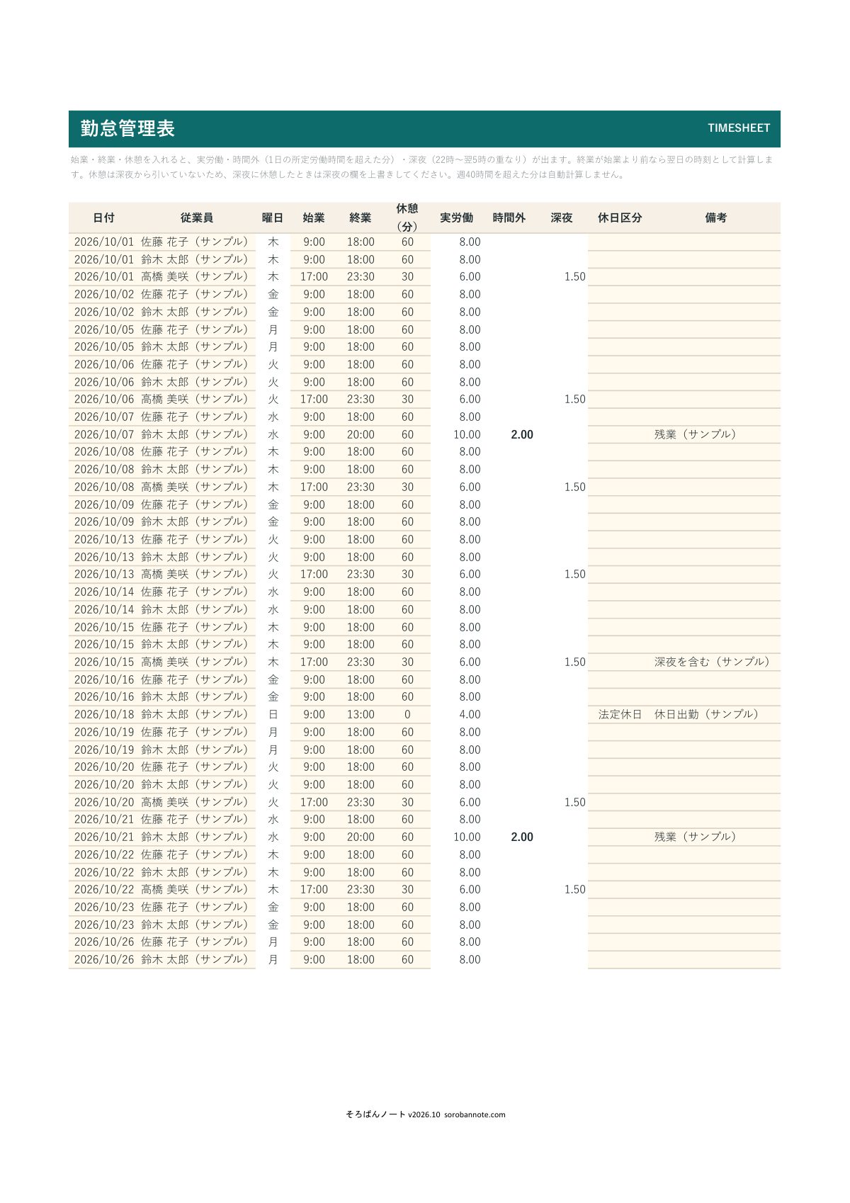 勤怠管理表 無料テンプレート（Excel）の記入例