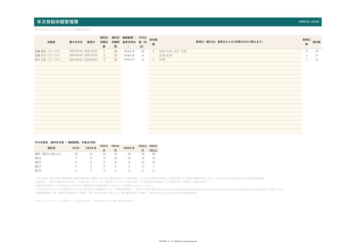 年次有給休暇管理簿 テンプレート（Excel・無料）の記入例（A4横）