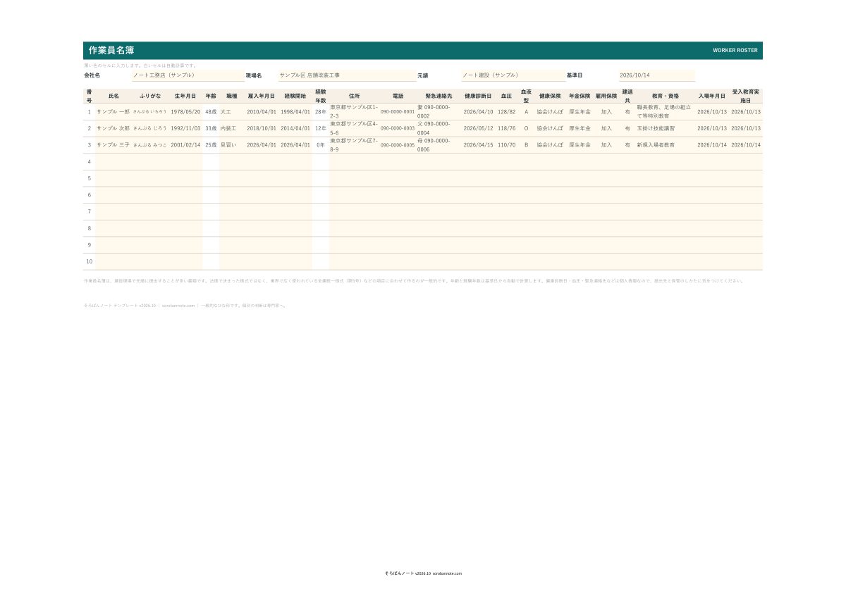 作業員名簿 テンプレート（Excel・無料）の記入例（A4横）
