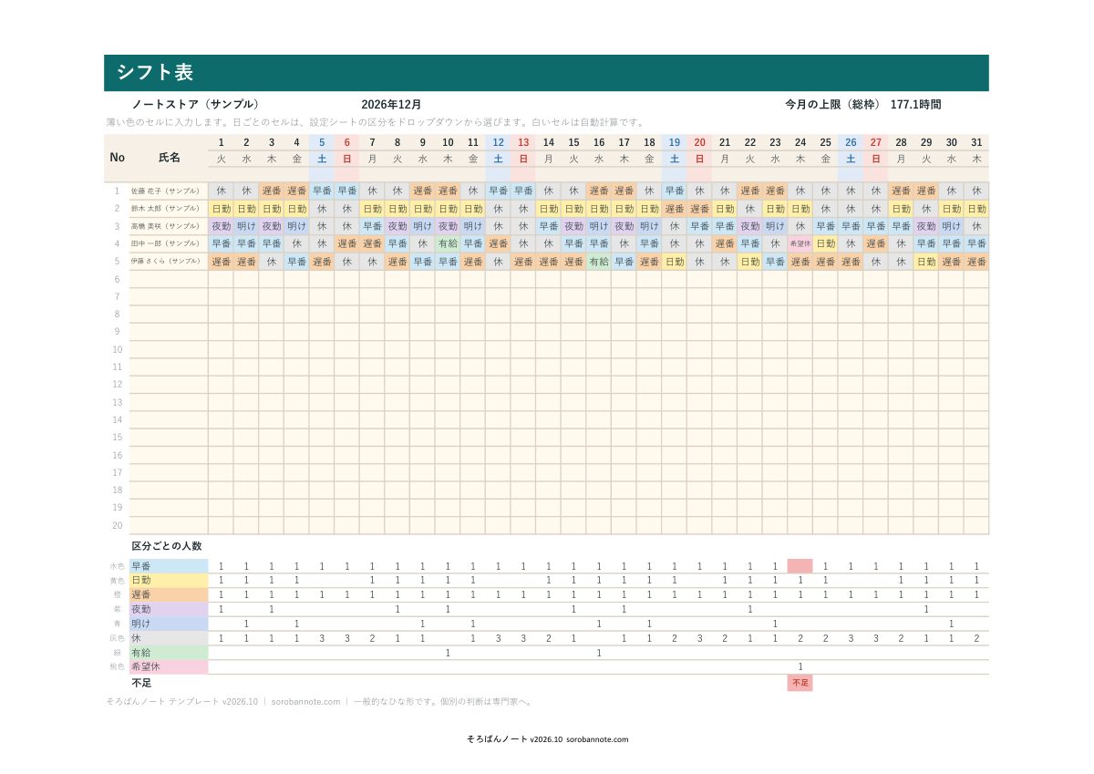 シフト表 無料テンプレート（Excel）の2026年12月の記入例（A4横）