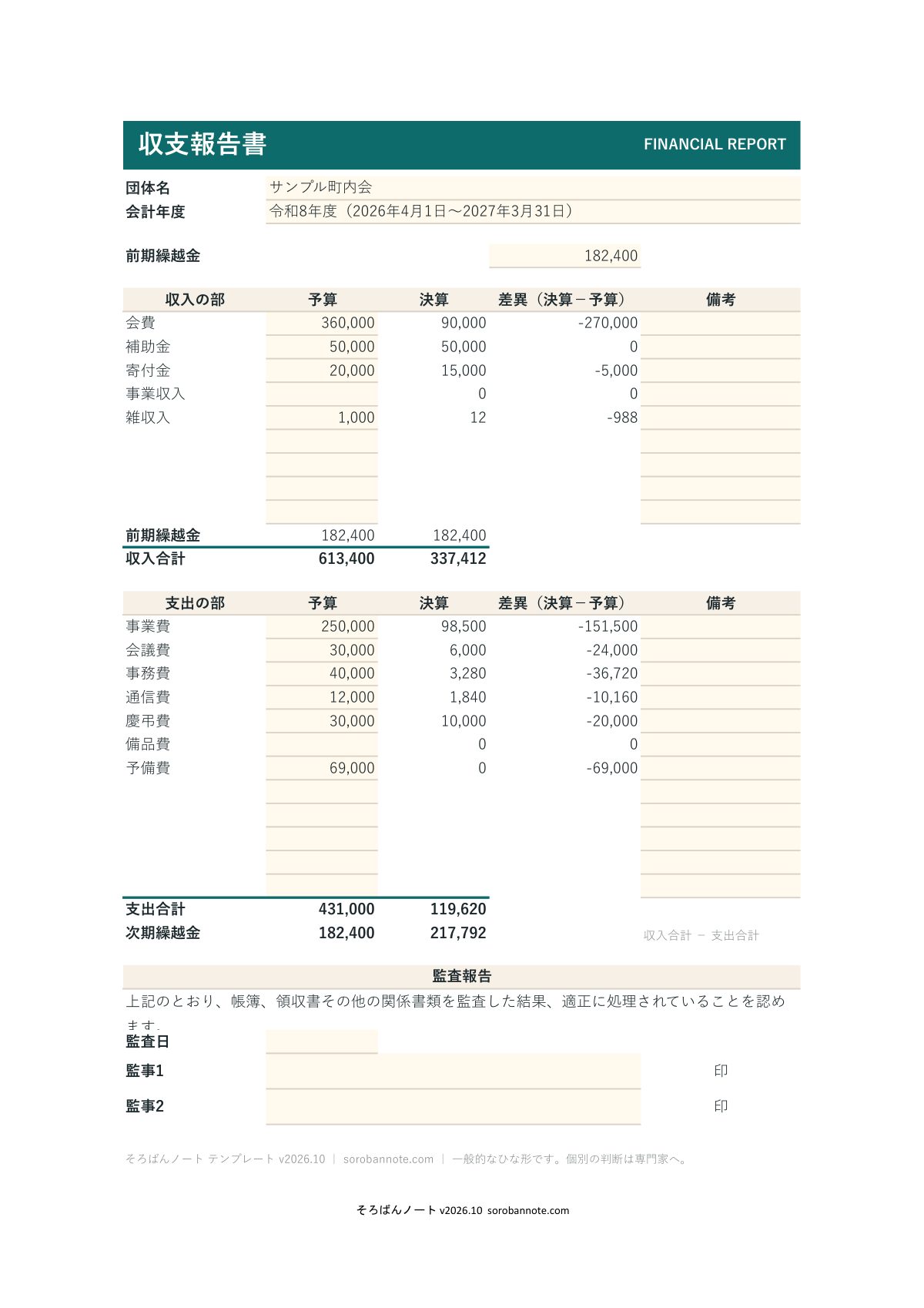 収支報告書 無料テンプレート（Excel）の記入例（A4縦）